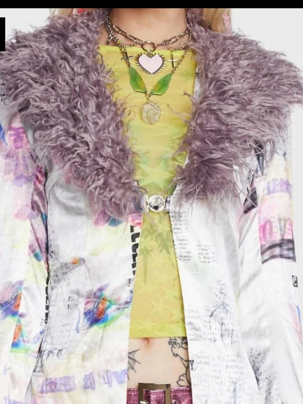 Lavender Newspaper Cherub Faux-Fur Collar Printed Jacket